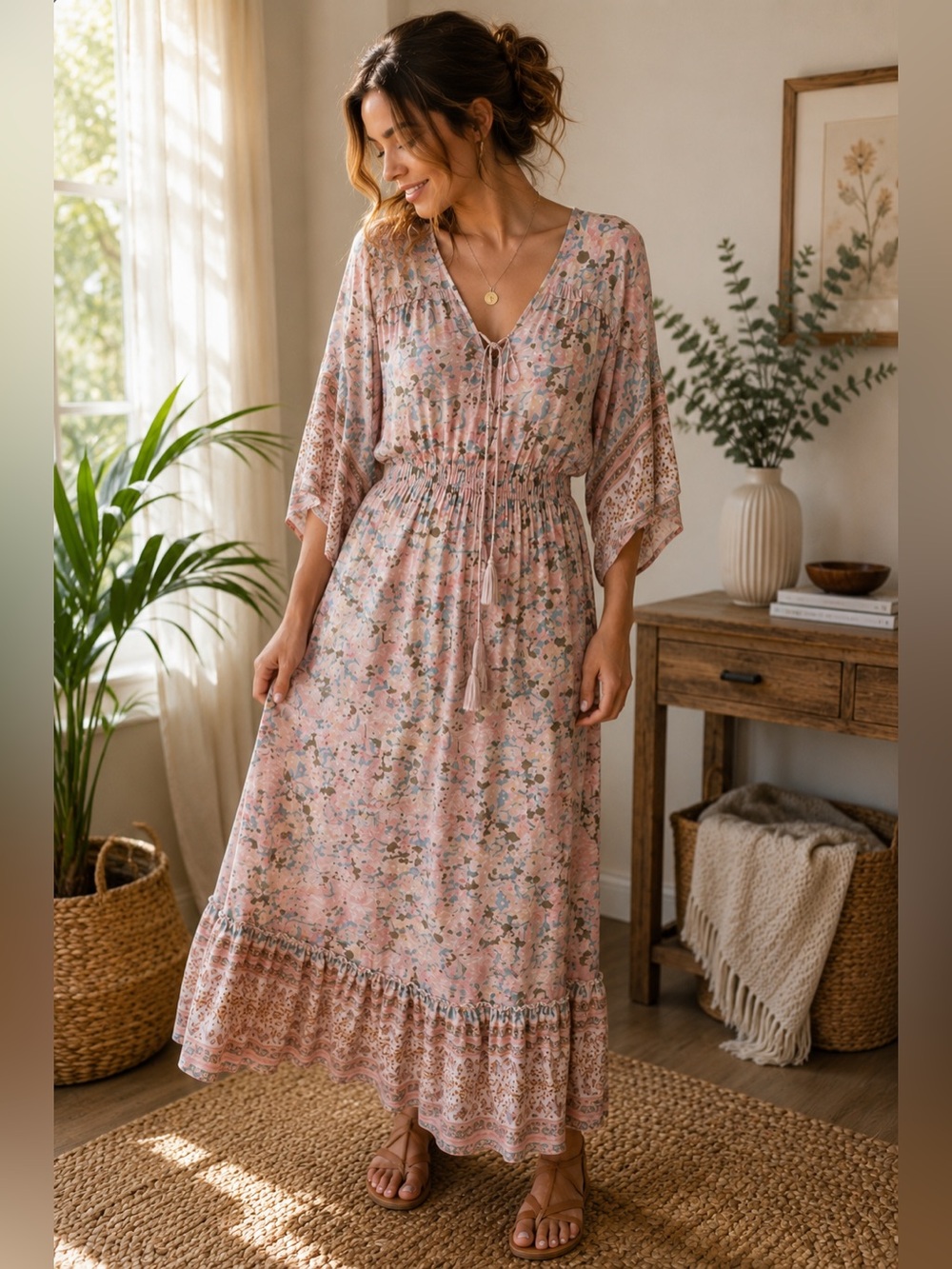 Gigio Boho Floral Tassel Tie Maxi Dress Pink Cottagecore Festival Size S